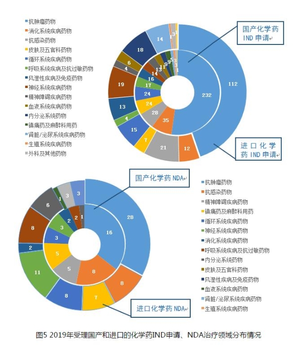 圖5 2019年受理國產和進口的化學藥IND申請、NDA治療領域分布情況